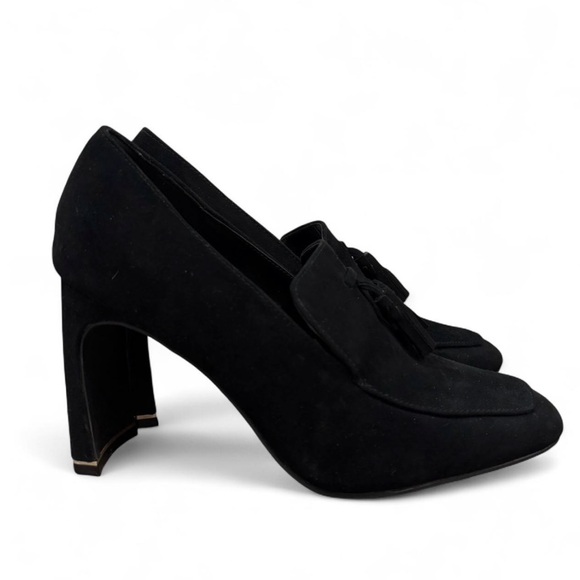 New Never Worn Women's Kenneth Cole Black Nova Suede Heel Loafer Size 8.5 Tassel - Picture 3 of 6